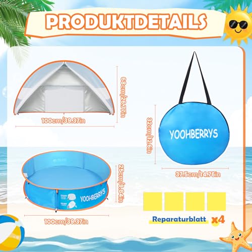 YOOHBERRYS 4-in-1 Pop Up Baby Paddling Pool, Beach Shelter Baby with UV Protection SPF 50+, Beach Tent Babies with Mosquito Net, Portable Play Tent, Ball Pit for Picnic, Garden, Beach