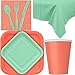 Disposable Party Supplies for 28 Guests - Coral and Mint - Square Dinner Plates, Square Dessert Plates, Cups, Lunch Napkins, Cutlery, and Tablecloths: Premium Quality Tableware Set