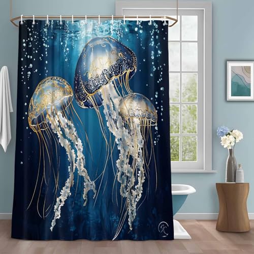 VANDARRINS Ocean Gold Jellyfish Shower Curtain with 12 Hooks Nautical Watercolor Blue Sea Marine Life Waterproof Fabric Shower Curtains Sets for Bathroom Bath Decorations, Machine Washable, 36"x72" at Amazon
