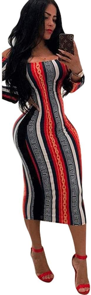 Women's Sexy Striped Off Shoulder Cocktail Party Midi Club Skirt Evening Slim Cocktai Dresses