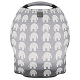 MoM-me Baby Car Seat Cover, Multi use for Nursing Scarf, Breastfeeding, Canopy, Stroller and Infant Pillow Wrap or Cover Ups. for Boys and Girls. Grey/White Elephant Design