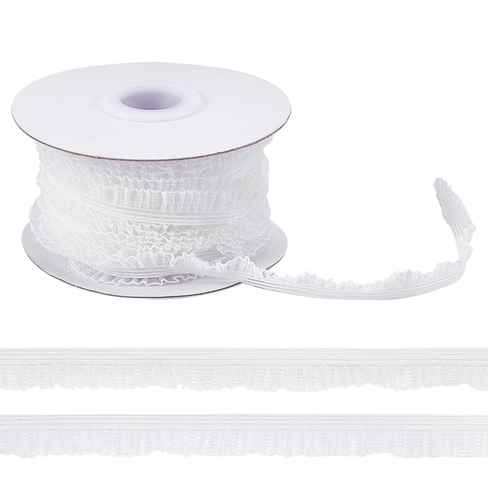 MAYJOYDIY 9.14mx10mm White Elastic Ruffle Lace Trim, Vintage Pleated Stretch Trim Edging Tulle Trimmings Fabric Ribbon for Home DIY Sewing Crafts Costume Embellishments