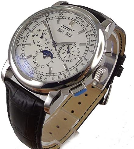 Debert 42mm White Dial Moon Phase Date Week Display Self-Winding Movement Men's Watch Leather Strap
