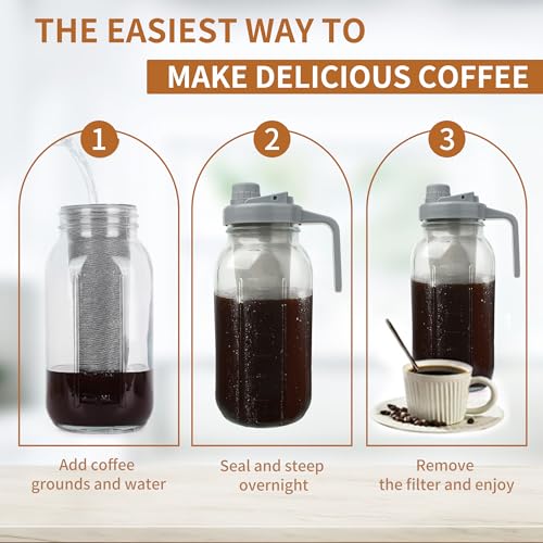 BTWD Cold Brew Coffee Maker, 64oz Glass Mason Jar Pitcher Iced Tea Maker Wide Mouth Spout Lid Airtight with Handle Stainless Steel Filter for Iced Coffee, Ice Lemonade, Fruit Drinks, with Spoon/Brush