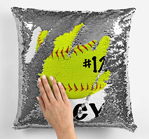 Violet Victoria & Fan Star Personalized Softball Fastpitch Sequin Mermaid Flip Pillow - ADD Your Name and/or Number! (Silver Sequins - Pillowcase Only)