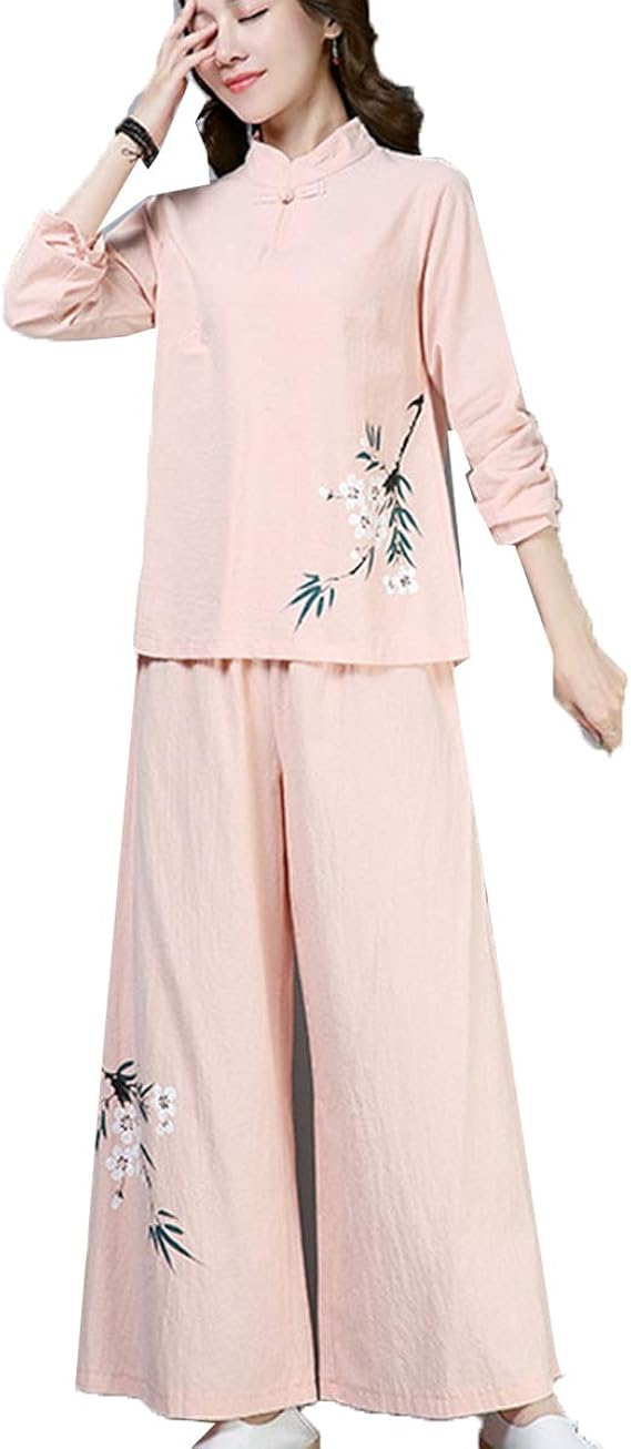 Amazon Jinpin チャイナ服 チャイナ シャツ パンツ ブラウス 上下セット トップス ワイドパンツ レディース セットアップ 茶服 スーツ 2点セット ズボン 長袖 カジュアル ロング ゆったり 民族風 チャイナ風 太極拳 綿麻 花柄 刺繍 中国風 シャツ ブラウス 通販