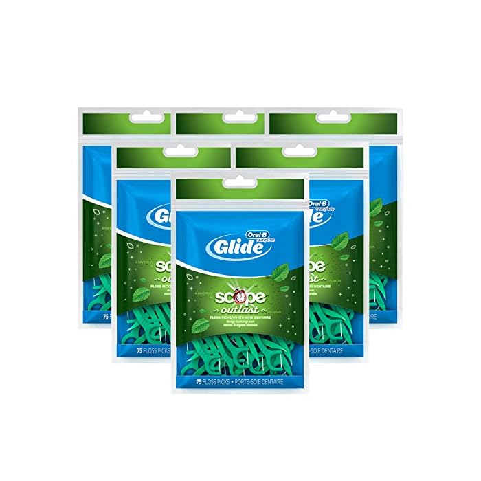 Oral-B Complete Glide Dental Floss Picks Plus Scope Outlast, Long Lasting Mint, 75 Dental Floss Picks, Pack of 6