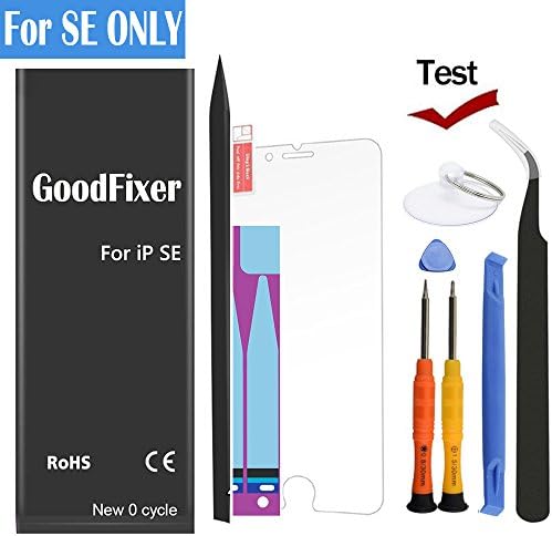 GoodFixer iPhone SE Battery Replacement with Complete Repair Tools Kit, Adhesive Strip &amp; Screen Protector Brand New 0 Cycle - 1624mAh Li-ion Replacement Battery [365 DAYS Warranty] (for SE ONLY)