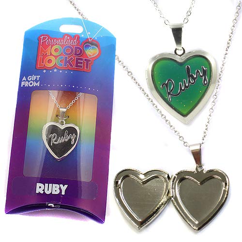 RUBY PERSONALISED HEART SHAPED NAMED MOOD LOCKET FUN GIFT PRESENT