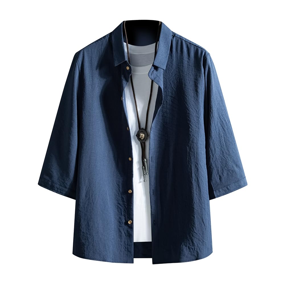 FUZHIHUA Men's Shirt, 3/4 Sleeves, Summer Clothing, Short Sleeve, Stylish, Casual, Loose, Plain, Large Size, Casual Shirt, Stylish, Top, Lightweight, Breathable, Soft, Popular Clothing