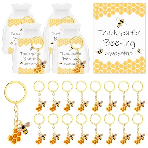 25 Sets Bee Employee Appreciation Gift Inspirational Bee Keychains Thank You Cards Organza Bag Cute Gifts for Coworker