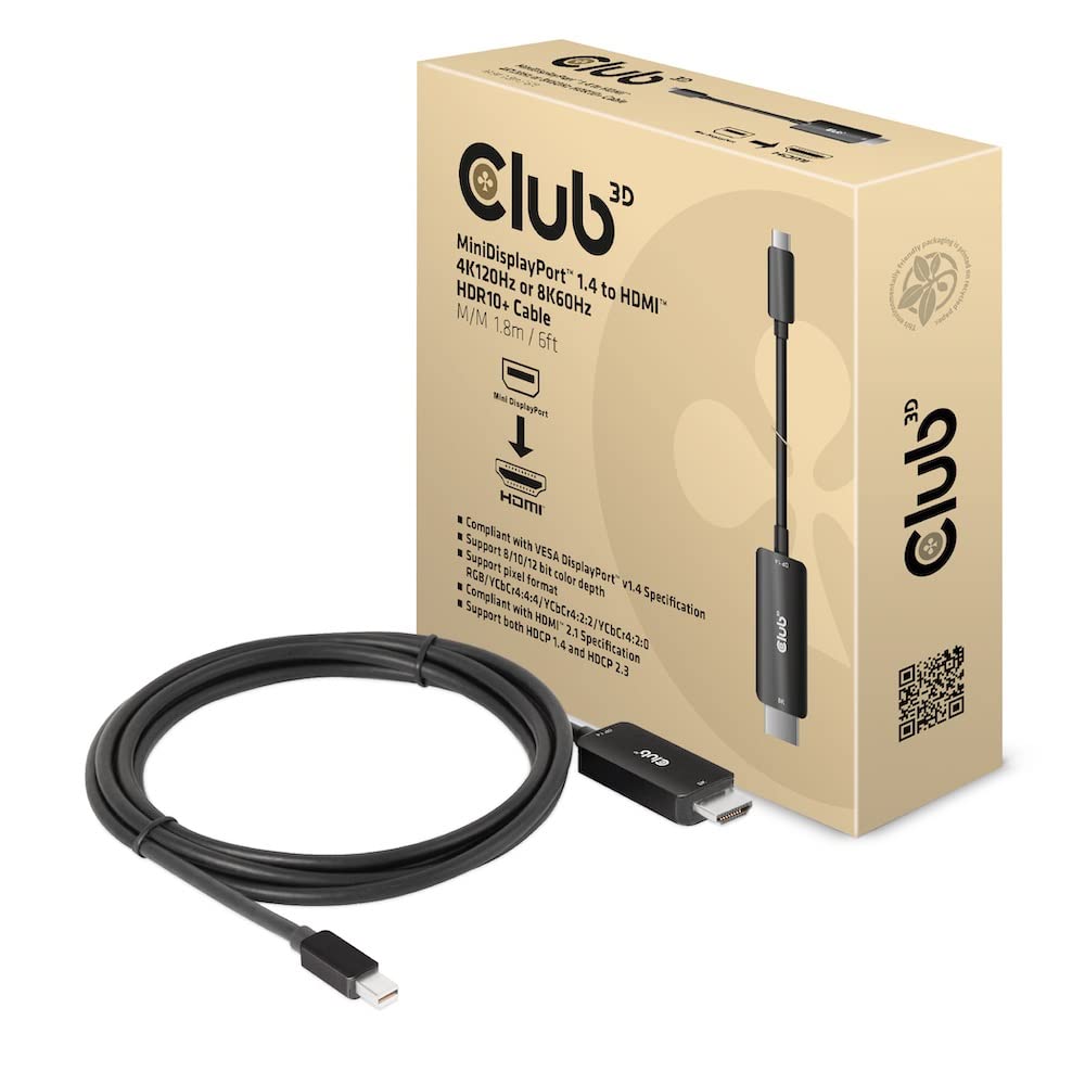 Club 3D CAC-1187 MiniDisplayPort™ 1.4 to HDMI™ 4K120Hz or 8K60Hz HDR10+ Cable 1.8 m M/M — image 1