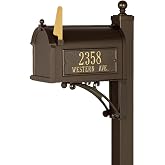 Whitehall Custom Extra Large Mailbox - Capitol Model with Address Plaque and Side Mount Post Package, Sand Cast Aluminum, Bronze Personalized in Goldtone