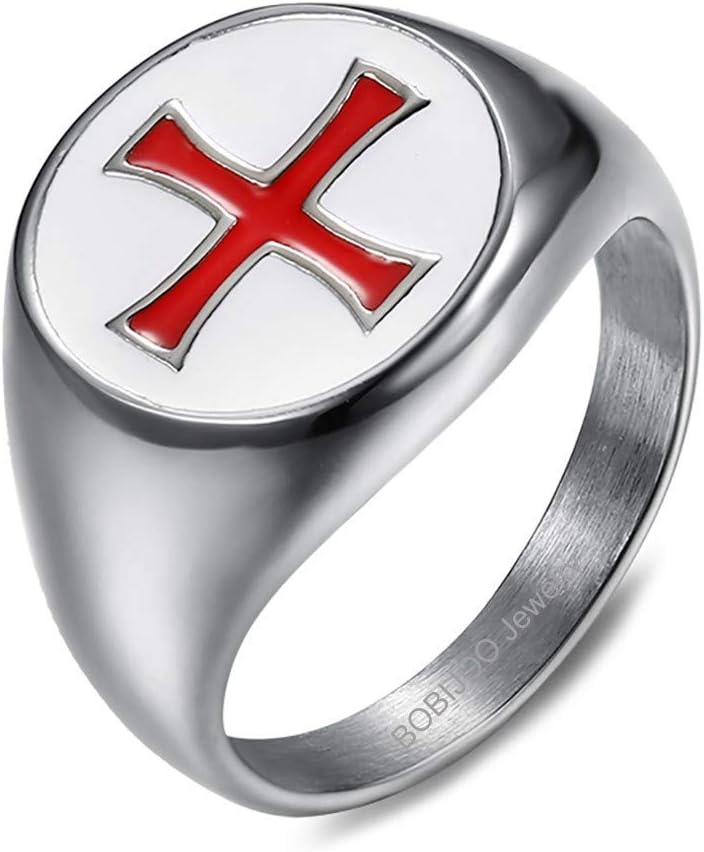 BOBIJOO JEWELRY - Ring Signet Ring Cross Pattee Red White Emblem Knight Templar Steel Email