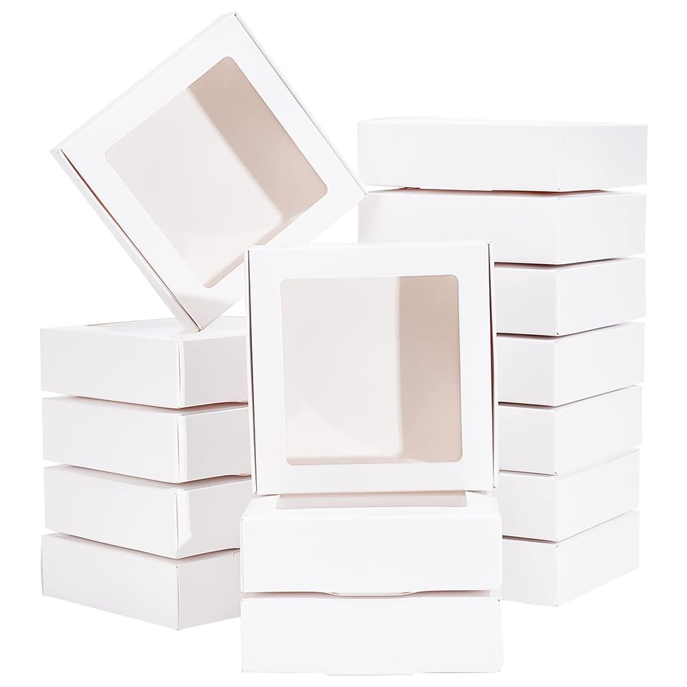 BENECREAT 16Packs 11x10.5x3cm Clear PVC Square Window Gift Boxes, White Kraft Paper Present Packing Boxes for Party Favor Treats, Cookies, Small Gifts or Crafts