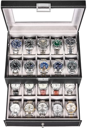 BEWISHOME Watch Case, 20-Slot Watch Box Organizer for Men Watch Case with Large Glass Lid Watch Travel Case Removable Watch Pillows, Mens Jewelry Box Watch Display Case, Watch Storage, Black SSH04B