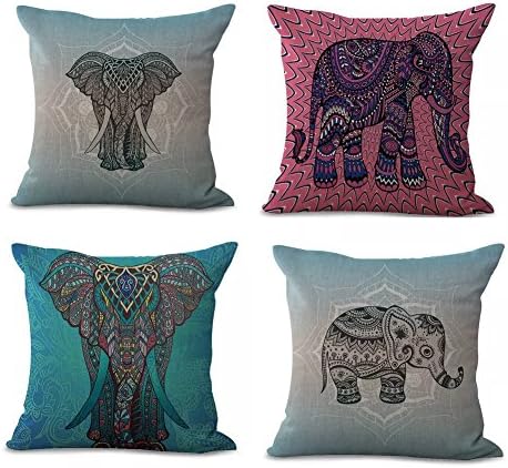4Pcs Cotton ＆ Linen Square Mermaid Pillow Covers, Throw Pillows Case Cushion Covers Pillowcase Indoor Decorations 18×18 Inches (45×45cm) (Elephant)