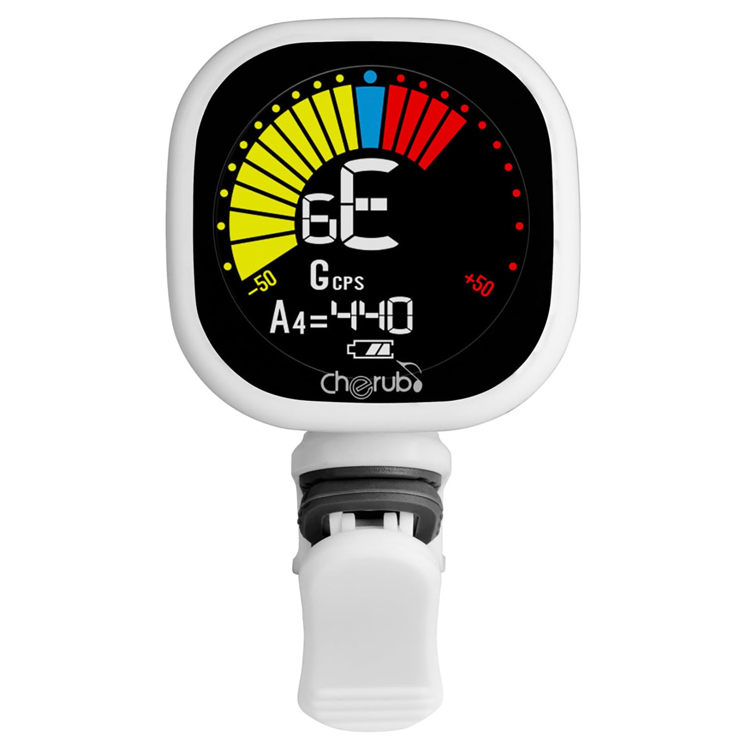Cherub | Clip-On Tuner – Rechargeable White Headstock Tuner | Chromatic, Guitar, Bass, Ukulele, Baritone | ±1 Cent Accuracy, USB, 10hr Battery