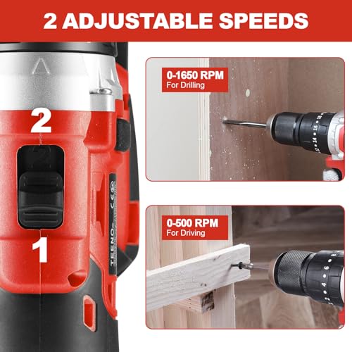 TEENO Cordless Drill Set, Hammer Drill Driver Set 20V 2x2.0Ah Li-Ion Battery, 1/2", with 15 Pieces Bits in Kitbox for Wood Drilling & Screwdriving/Fastening & Metal, Masonry
