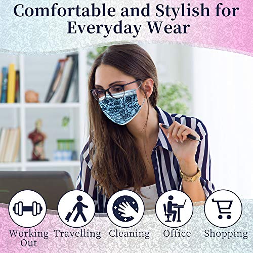 Lace Disposable Face Masks, 3 ply Earloop Printed Lace Face Masks, Soft Fashion Masks for Women with Designs, Fancy Patterned Breathable Face Mask with Adjustable Nose Wire - 30PCS