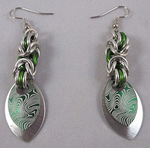 Small Green Damascus Scale Maille Earrings