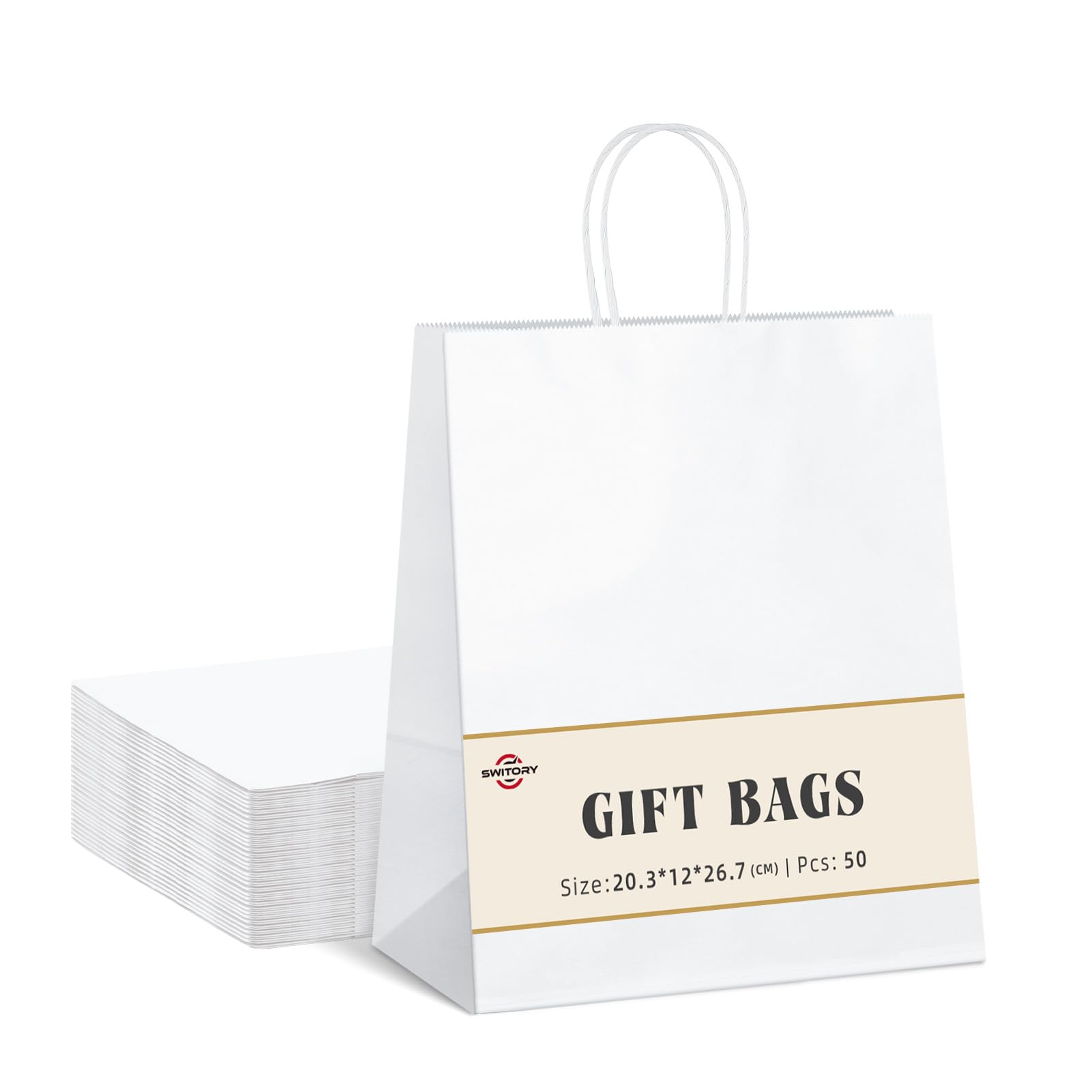 Switory 50pcs White Paper Bags, Kraft Gift Bag 8x4.75x10.5 Inch, Party Bag with Handles for Party Favor, Thanksgiving, Christmas, Wedding, Birthday