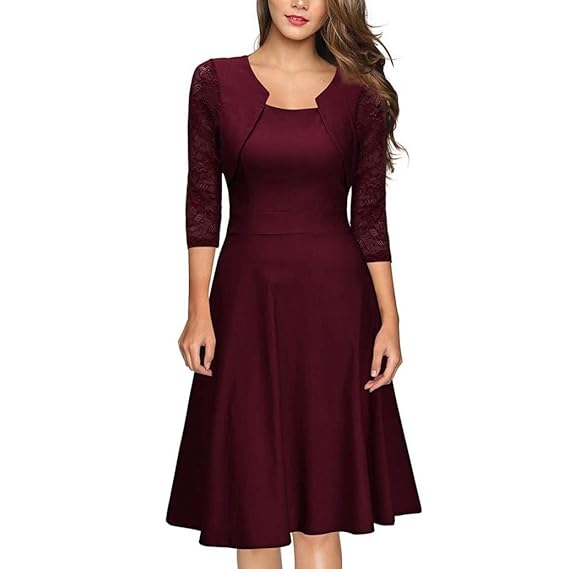 Binggong tops Elegante Damen 3/4 Arm V-Ausschnitt Spitzen Brautkleid Festliches Cocktailkleid Langes Abendkleid Gr.36-46, Vin