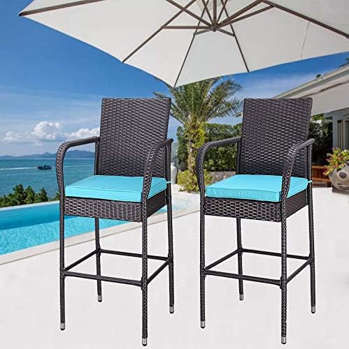 Furnimy Set of 2 Outdoor Espresso Wicker Barstool Patio Furniture Chair with Cushions, Steel Frame, Armrest, Back and Footrest