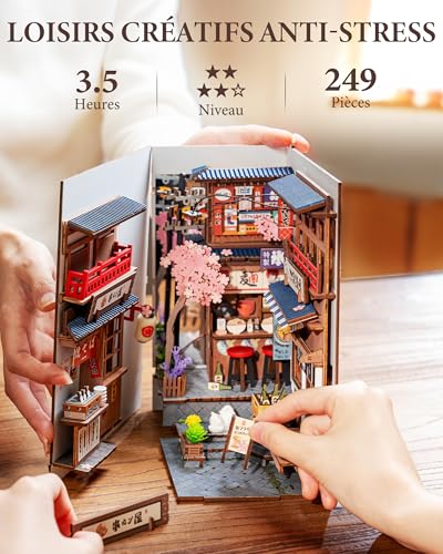 Rolife Book Nook DIY Wooden Model Adult with Lights Sakura Wine Alley 3D Puzzle Miniature House Building Bookends Diorama Decoration Book Library Living Room