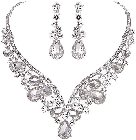 Youfir Rhinestone Crystal V-Shaped Bridal Wedding Necklace Earrings Jewelry Set for Brides Gown