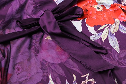 Old-to-new Women's Long Lightweight Elegant Kimono Robe Silk Bathrobe Dressing Gown with Fur- Watercolor Floral