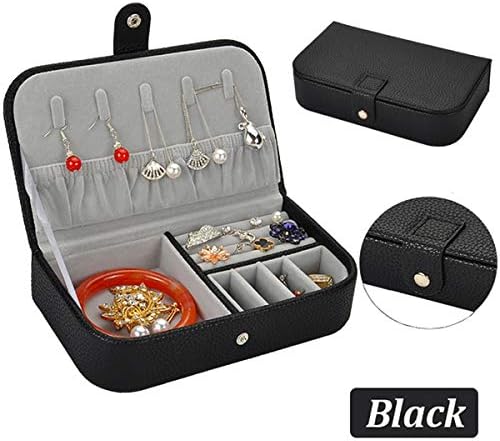 QBeel Travel Jewelry Box, Litchi Leather PU Jewelry Organizer Portable Jewelry Storage Case for Necklace Earrings Rings Bracelets - Black