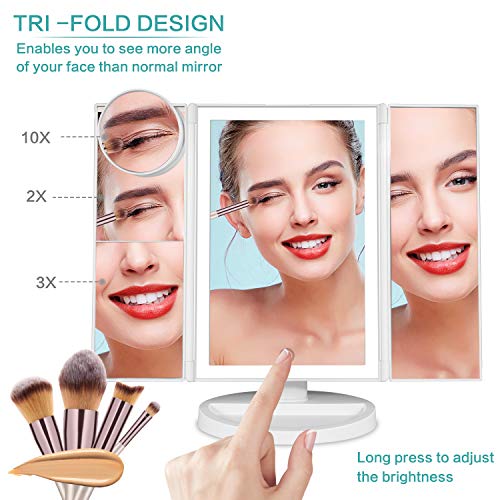 Makeup Vanity Mirror with Lights, 36 LED Trifold Cosmetic Makeup Mirror, 2x 3x 10x Magnification 180° Rotation Dual Power Supply 10 Makeup Brushes Set 2 Makeup Sponges 2 Cosmetic Bags 1 Eyelash Curler