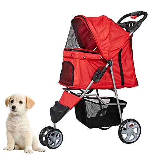 KARMAS PRODUCT Pet Stroller for Dog Cat Small Animal Folding Walk Jogger Travel Carrier Cart with Three Wheels (red)