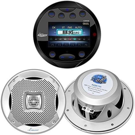Lanzar AQR80B Round Aquatic Waterproof Marine Stereo in Dash Bluetooth Receiver - Black, 2X Lanzar AQ5CXS 5.25" Marine Water Resistant 2 Way 400 Watt Silver Speakers