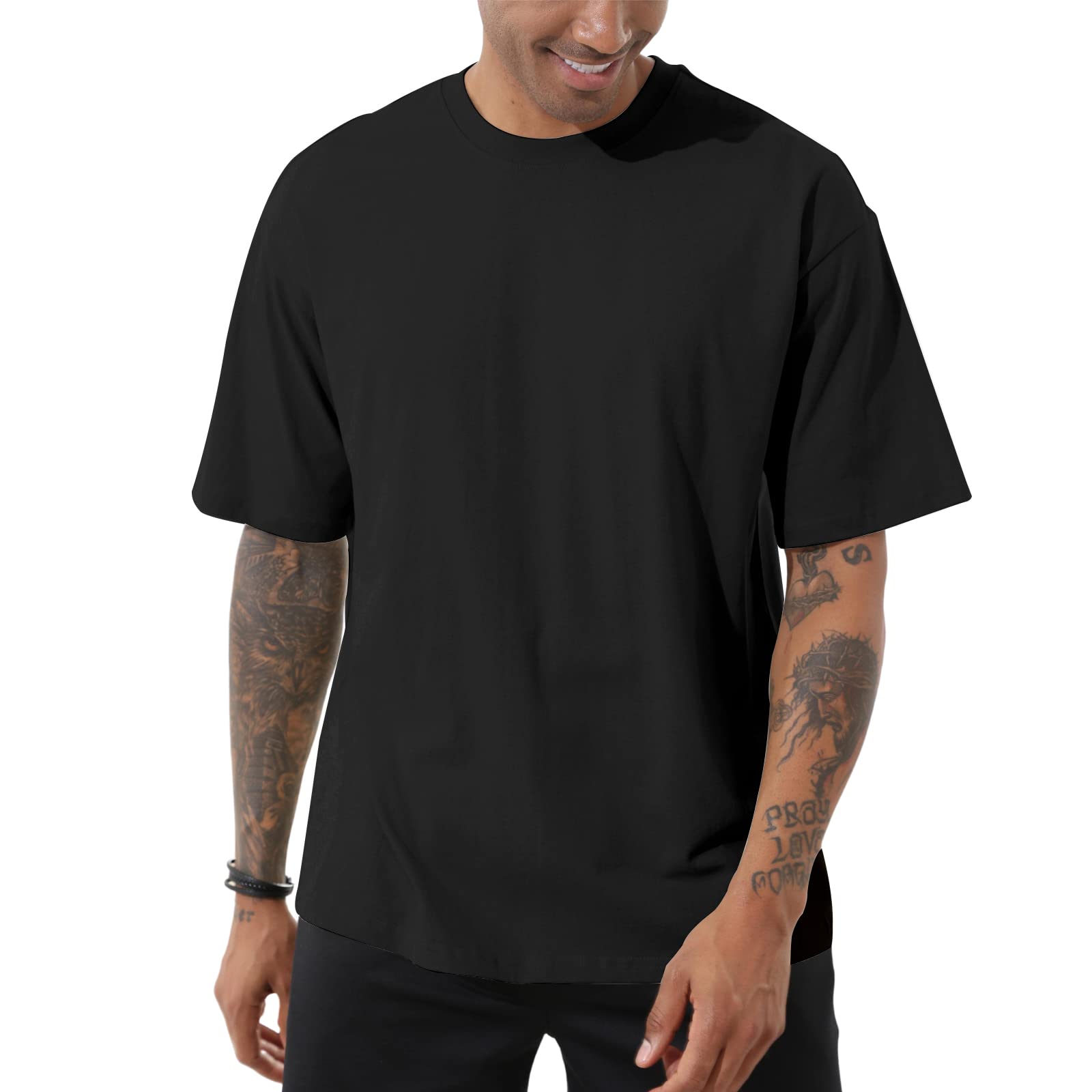 Photo 1 of Men's Cotton Oversized T-Shirts Casual Loose Short Sleeve Crew Neck Basic Tops Solid Athletic Tee Black
