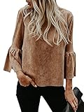 Kathemoi Womens Bell Sleeve Suede Top Crew Neck Casual T Shirt Blouse Tops (Medium, Brown)