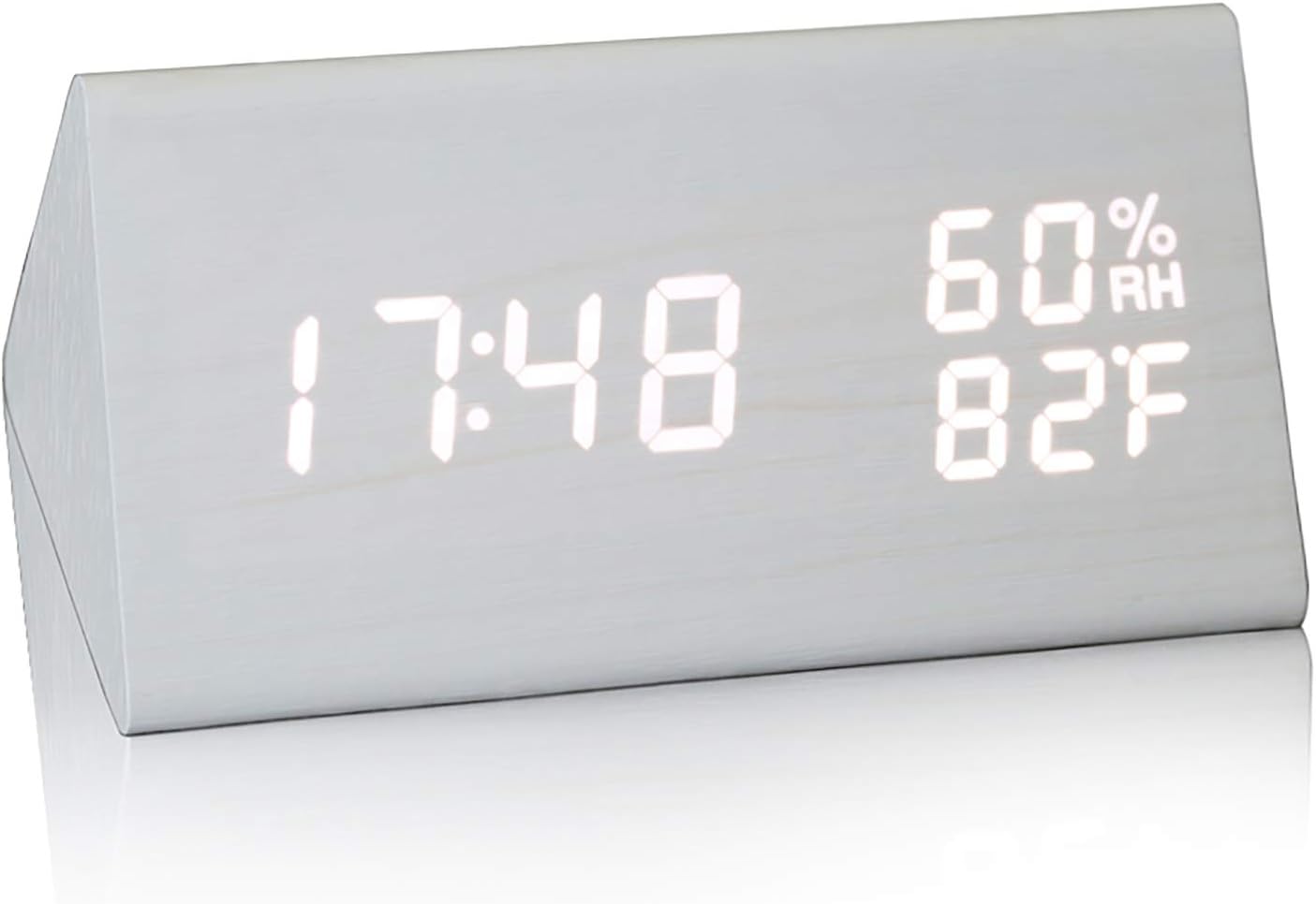 JCHORNOR Digital Alarm Clock,Wood Alarm Clock Digital Led,Adjustable Brightness Desk Clock with Time Date Temperature Humidity for Bedroom,Office-White