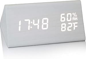 JCHORNOR Digital Alarm Clock,Wood Alarm Clock Digital Led,Adjustable Brightness Desk Clock with Time Date Temperature Humidity for Bedroom,Office-White