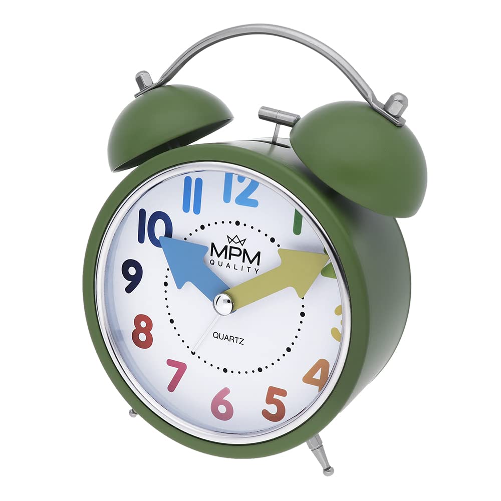 MPM Quality Design Alarm Clock, Green/Colourful Numbers, Loud Alarm, Colourful Numbers and Hands, Night Light, Modern Decoration for Bedroom, Wakes Up Even the Biggest Sleepers, 110 x 148 x 54 mm
