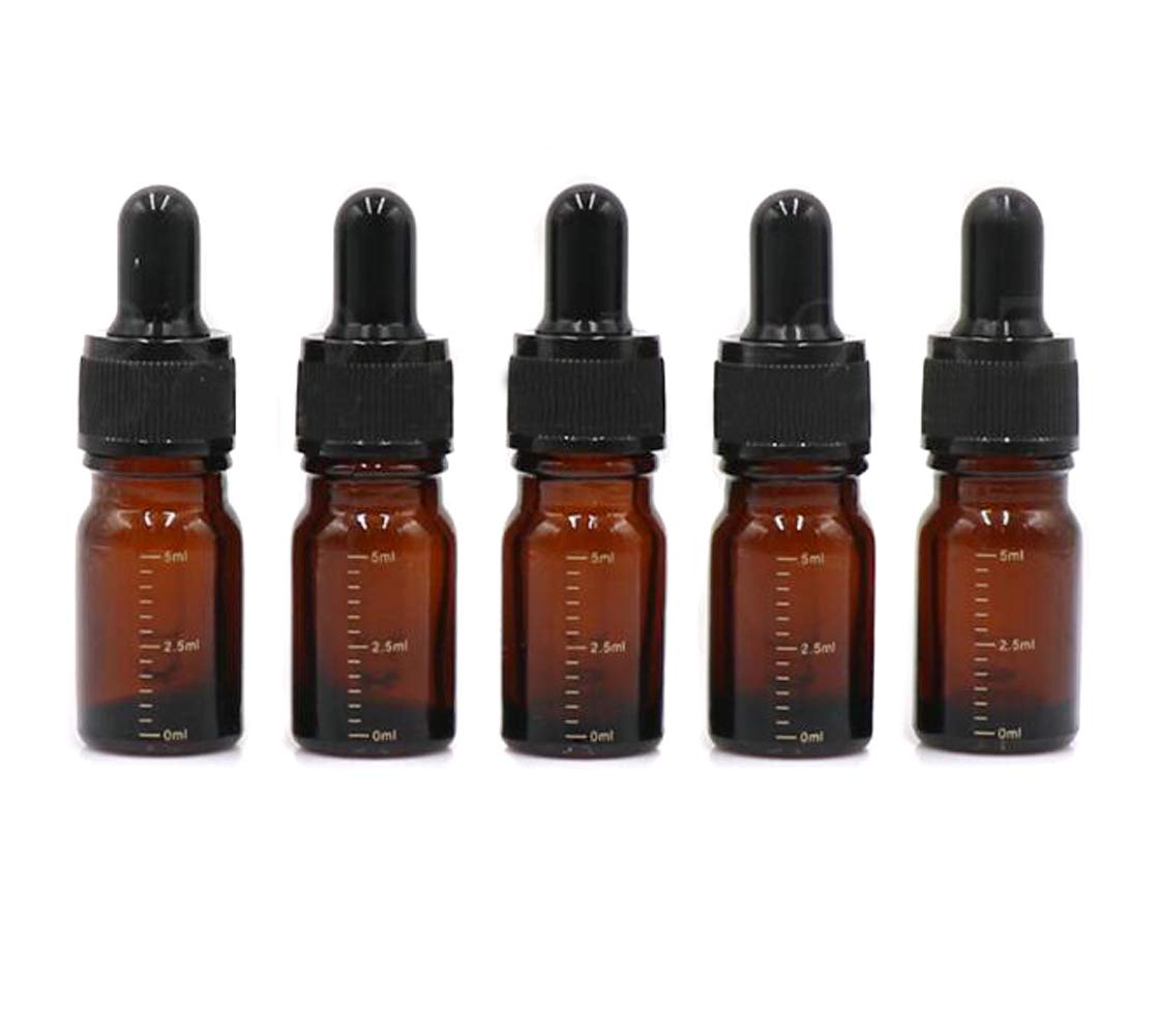 VASANA 5Pcs 5ml Empty Refillable Amber Glass Graduated Dropper Bottle Container Jar Pot Holder with Glass Pipette Dropper for Essential Oil Perfume Aromatherapy