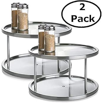 2 Tier 2 PK Lazy Susan - Stainless Steel 360 Degree Turntable - Rotating 2 Level Tabletop Stand for Your Dining Table, Kitchen Counters and Cabinets - Turning Table Spice Rack Organizer Tray - 2 Pack