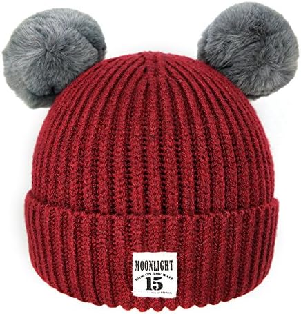 Baby Winter Warm Fleece Lined Hat, Infant Toddler Kids Hairball Beanie Knit Cap for Girls and Boys (Burgundy)