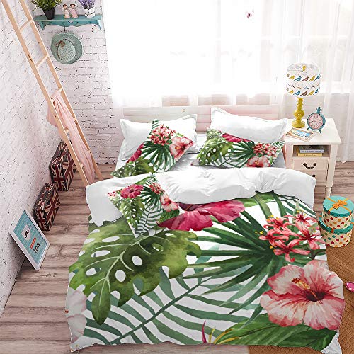 Tropical Rainforest Plant Duvet Cover Set Queen with Zipper Closure, Red Hibiscus Flower Pattern Printed Comforter Cover Bedding Sets with 2 Pillow Cases (Hibiscus,Queen)