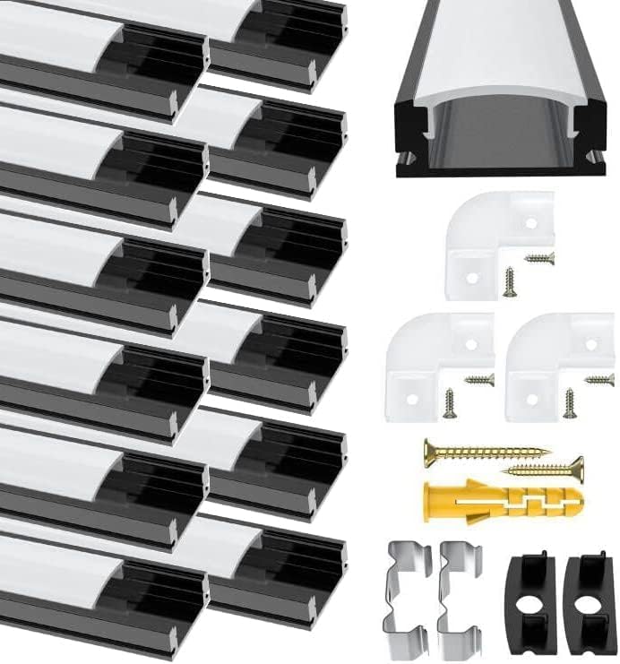 Chesbung LED Strip Diffuser, 12Pack Aluminum Channel 3.3ft/1Meter Black U-Shape Profile with Milky White Cover, End Caps and Mounting Clips Extrusion 90 Degrees Connectors for Lights