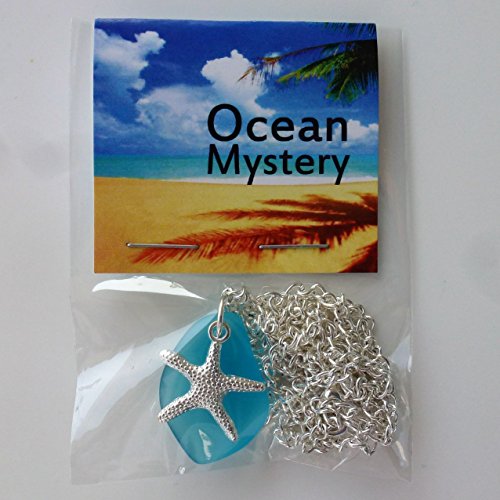 Blue cobalt sea glass ocean amulet talisman necklace for girls and women on a 24" silver color chain with nautical starfish delicate elegant young beach prime handmade seaglass jewelry mascot