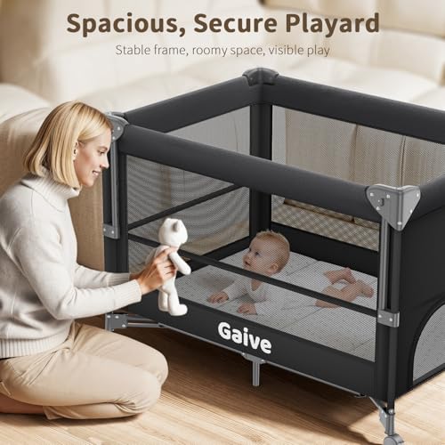 GAIVE 4 in 1 Baby Bassinet, One-Push Setup Pack and Play, Bedside Crib Sleeper with 3 Height Adjustable，Diaper Changer, Come with Comfy Mattress, Rotating Toy Bar, from Infants to Toddlers (Black)