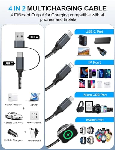 Travel Cruise Essentials 2026, 4 in 2 Multi Charging Cable with IP/iWatch/Micro USB/Type C Port, USB C/USB A Phone Watch Charger Cord Compatible with Apple Watch Ultra/SE/11-2, for iPhone17-8, Car-5FT