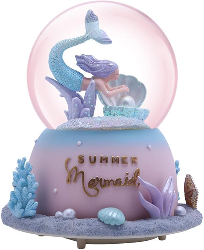 SURPRIZON Mermaid Snow Globe Musical Box with Colorful Lights Pearl, Shells, Coral