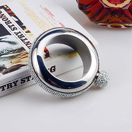 BOKIN Bracelet Bangle Flask 304 Stainless Steel with Handmade Crystal, Funnel in Gift Box for Women Girls Dance Birthday Party Club Bar, 3.5oz (Silver)